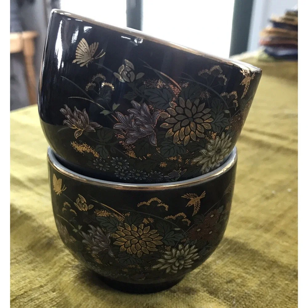 Antique Red Letter Made‎ In Japan Black Floral Sake Cups (2)